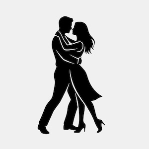 Peut inclure: Silhouette noire d'un couple dansant. L'homme porte un costume et la femme une robe. Ils s'enlacent, leurs visages proches. L'image est sur fond blanc.