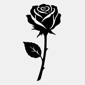 May include: A black and white graphic of a rose. The rose is in full bloom, with detailed petals and a stem with a single leaf. The image is a simple, elegant design, suitable for various applications.