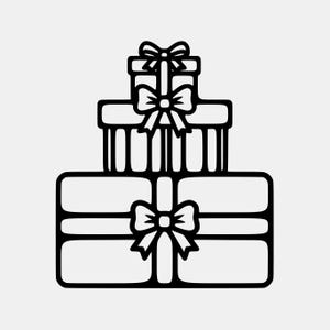 Può includere: Illustrazione in bianco e nero di tre scatole regalo impilate. Ogni scatola è adornata da un fiocco. Le scatole sono rettangolari e di dimensioni diverse, con la scatola più piccola in cima.