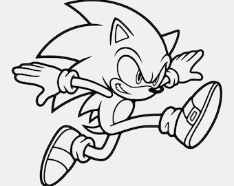 May include: Black and white line art illustration of Sonic the Hedgehog in a running pose. The character has spiky hair, a determined expression, and is wearing gloves and shoes. The image is a cartoon style.
