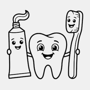 May include: A black and white cartoon illustration of dental hygiene. A smiling tooth is flanked by a tube of toothpaste and a toothbrush, both with smiling faces. The image is designed to promote oral health.