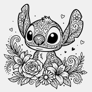May include: A black and white illustration of a cartoon character with large eyes and ears, decorated with floral and heart patterns. The character is surrounded by flowers, leaves, and hearts, creating a whimsical design.