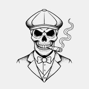 May include: Black and white illustration of a skull wearing a flat cap, suit, and bow tie, smoking a cigar. The skull has an angry expression, with detailed shading and a vintage aesthetic.