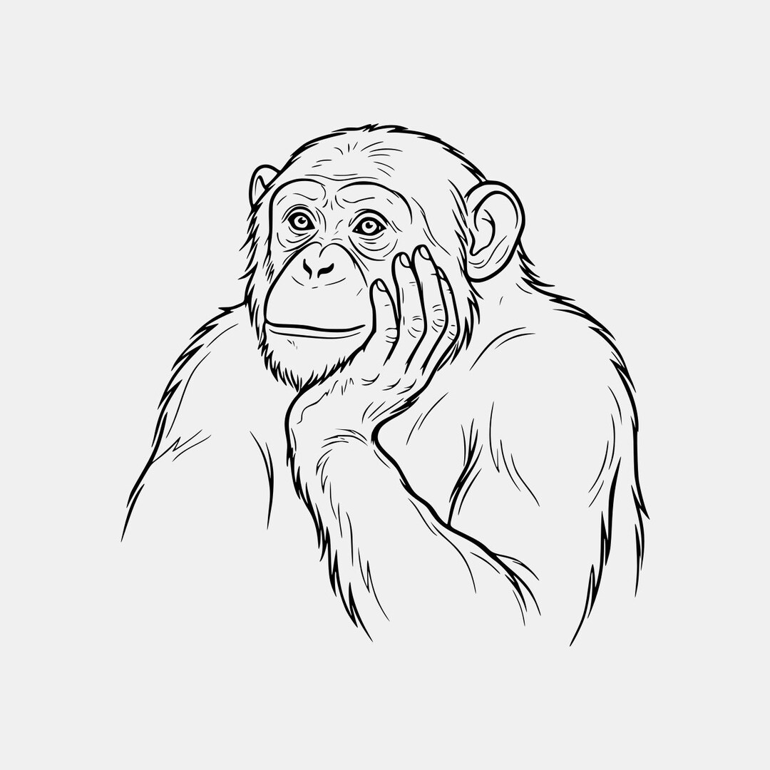 Pensive Chimpanzee Line Art SVG PNG: Contemplative Ape Cut File ...