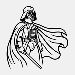 May include: Black and white illustration of Darth Vader, a character from Star Wars. The figure is depicted in a full-body pose, wearing his signature helmet, armor, and cape. He is holding a lightsaber. The artwork is a line drawing.