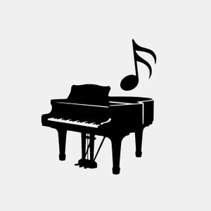 Puede incluir: Ilustración en blanco y negro de un piano de cola y una nota musical. El piano es negro con teclas blancas y tiene una forma curva. Una nota musical, una corchea, flota encima.