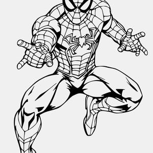 Puede incluir: Ilustración en blanco y negro de Spider-Man en una pose dinámica. El superhéroe está agachado, con una pierna extendida y los brazos extendidos. Su traje presenta un emblema de araña en el pecho y detalles de telaraña.