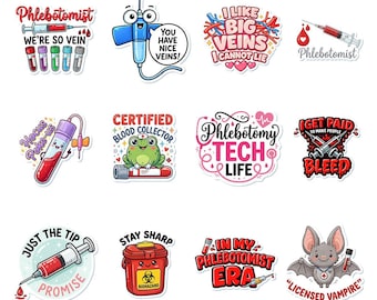 12 Pcs Phlebotomist Stickers Pack, Funny Medical Lab Waterproof Vinyl Decals for Laptop Water Bottle, Cute Phlebotomy Tech Sticker Set