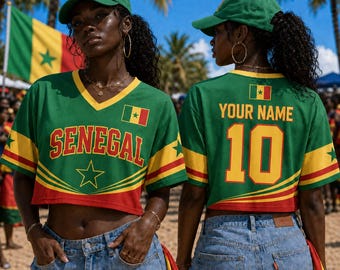 Personalized Senegal Soccer Crop Top Jersey, Personalized Senegal Football Crop Tee for Women, Senegal Futbol Shirt with Name Number