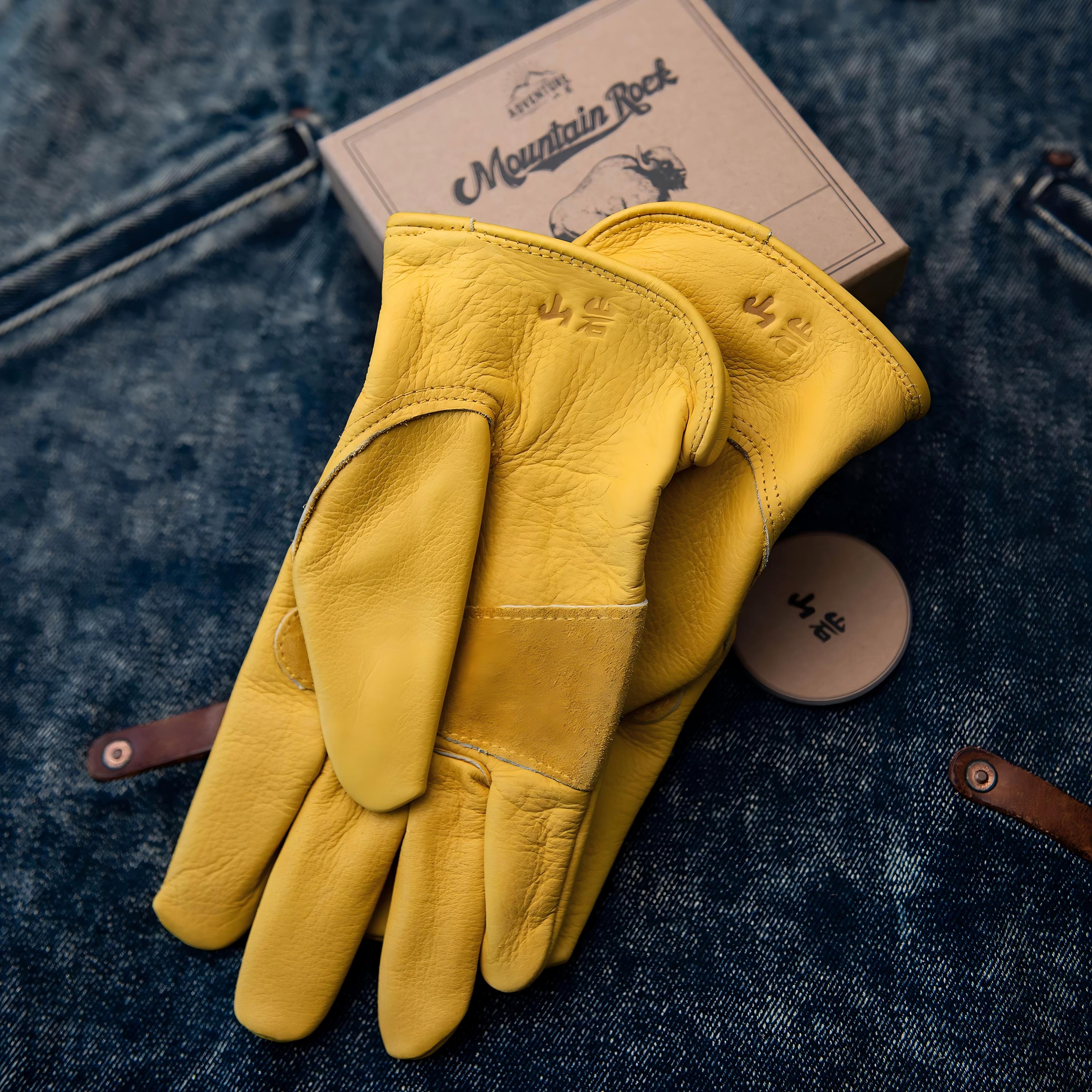 Yellow Retro Harley Motorcycle Gloves Men - Top Grain Leather Anti