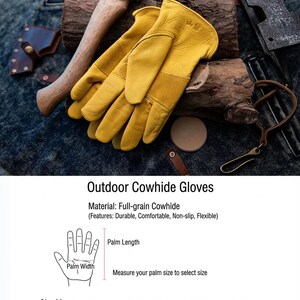 May include: Yellow full-grain cowhide gloves, with a matching yellow palm and a brown accent, are displayed next to a small axe. The gloves are designed for outdoor use and are durable, comfortable, non-slip, and flexible.