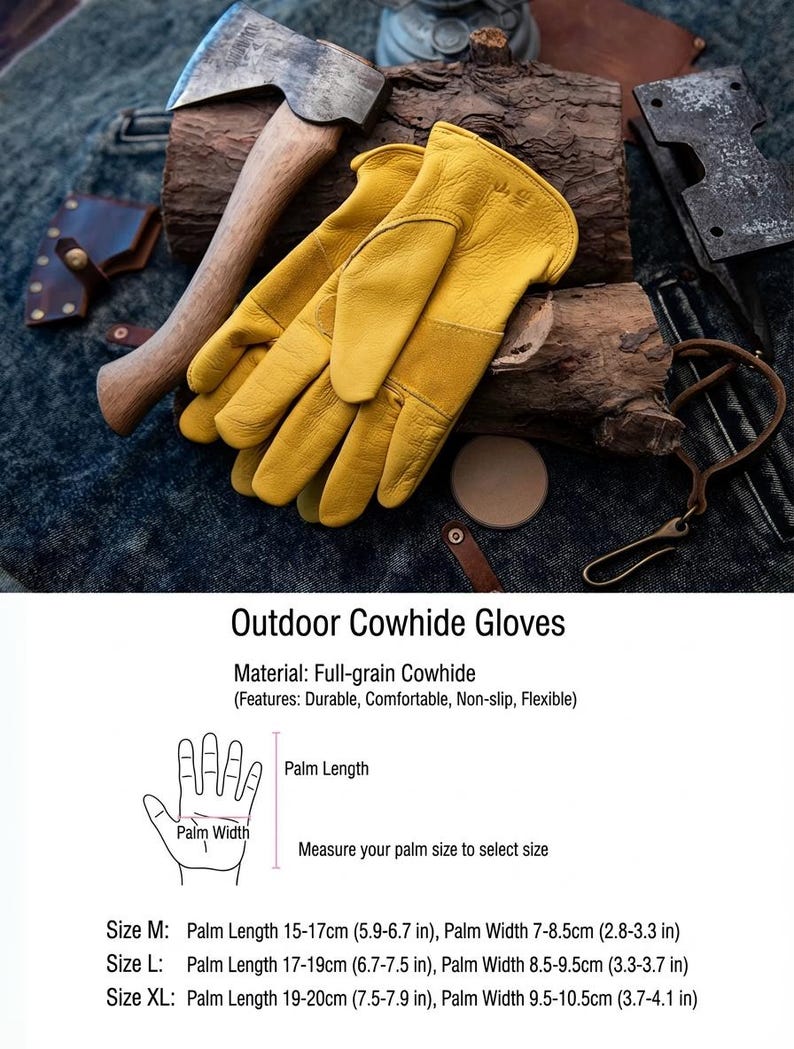 May include: Yellow full-grain cowhide gloves, with a matching yellow palm and a brown accent, are displayed next to a small axe. The gloves are designed for outdoor use and are durable, comfortable, non-slip, and flexible.