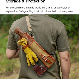 May include: A canvas and leather tool holder with a shoulder strap, holding a hatchet, yellow gloves, and a small leather axe sheath. The text "Storage & Protection" is at the top.