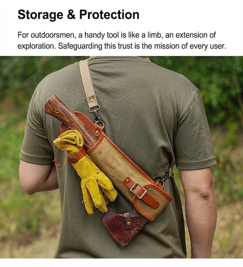 May include: A canvas and leather tool holder with a shoulder strap, holding a hatchet, yellow gloves, and a small leather axe sheath. The text "Storage & Protection" is at the top.