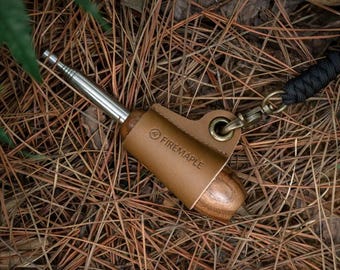 Telescopic Fire Blowpipe with Walnut Handle & Leather Sheath. Bushcraft Campfire Bellows. Portable Outdoor Survival Tool. Camping Gift.