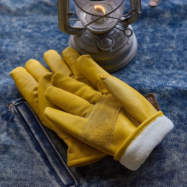 Yellow Retro Harley Motorcycle Gloves Men - Top Grain Leather Anti-Slip Wear Resistant All Seasons NO LOGO Fleece-lined