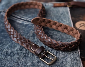 Vintage Washed Handmade Woven Leather Belt｜Brass Buckle Full Grain Cowhide Soft Artistic Waistband