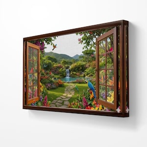 Cuadro decorativo de jardín tropical para ventana, paisaje paradisíaco con cascada, decoración de pared con aves exóticas.