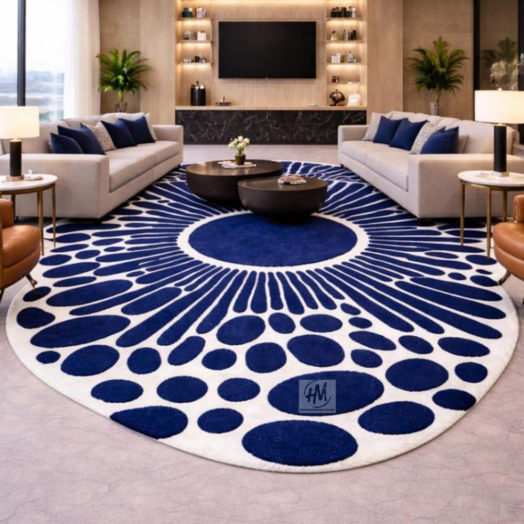 Hand Tufted Wool Round Blue White Modern Abstract Area Rug Living Room ...