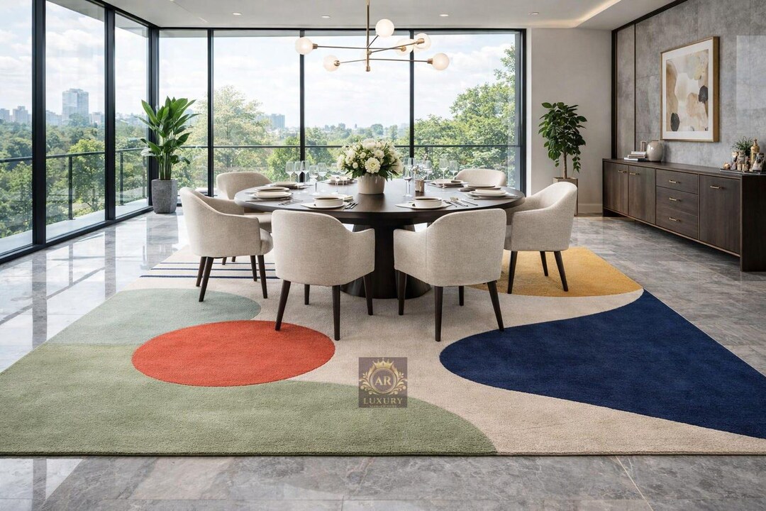 Modern Abstract Hand Tufted Wool Rug Large Colorful Geometric Living ...