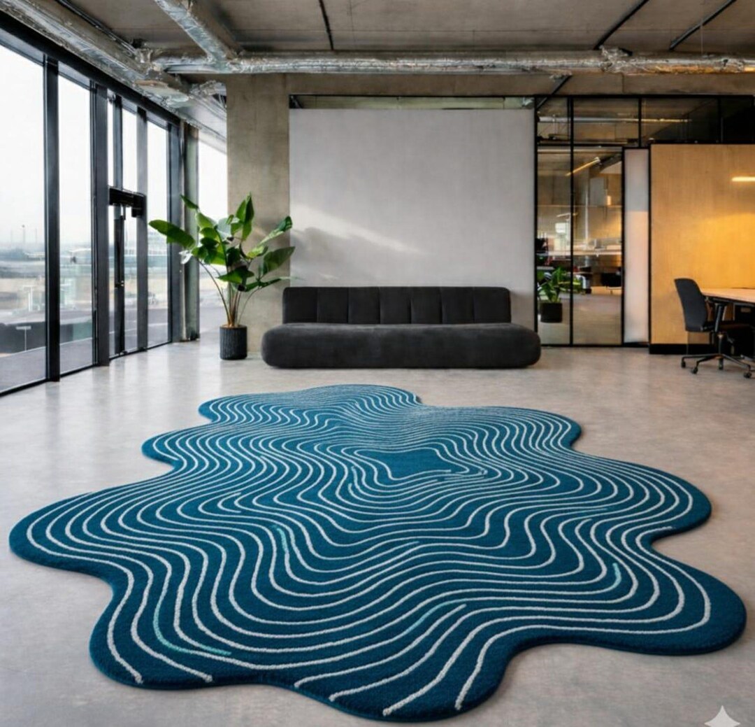 Hand Tufted Wool Abstract Area Rug Modern Irregular Blue Carpet Large ...