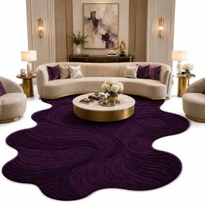 Hand Tufted Purple Abstract Wool Rug Luxury Modern Organic Shape Area Carpet