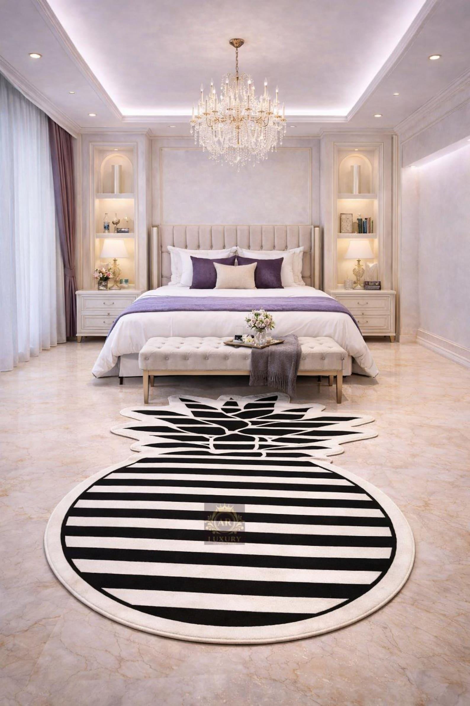 Pineapple Rug Wool Hand Tufted Wool Pineapple Rug, Black White Striped Statement Carpet - Etsy