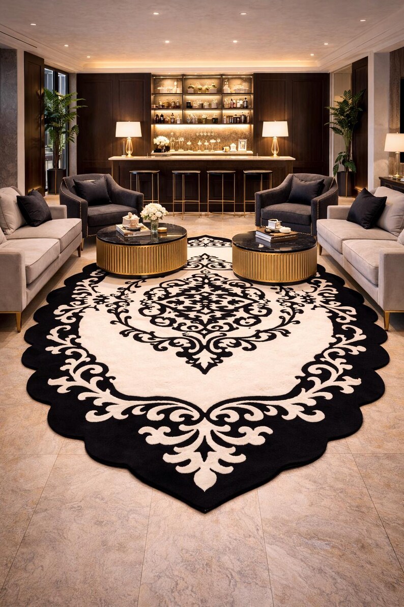 Sit On Rug Button Rug Hand Tufted Black White Wool Rug Floral Scalloped Edge Modern Living ...