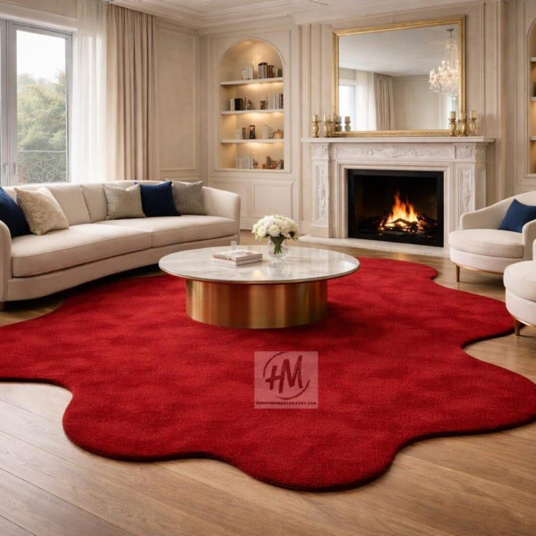 Unique Red Rug Luxury Red Abstract Tufted Rug Handmade Soft Plush Irregular Shape ...