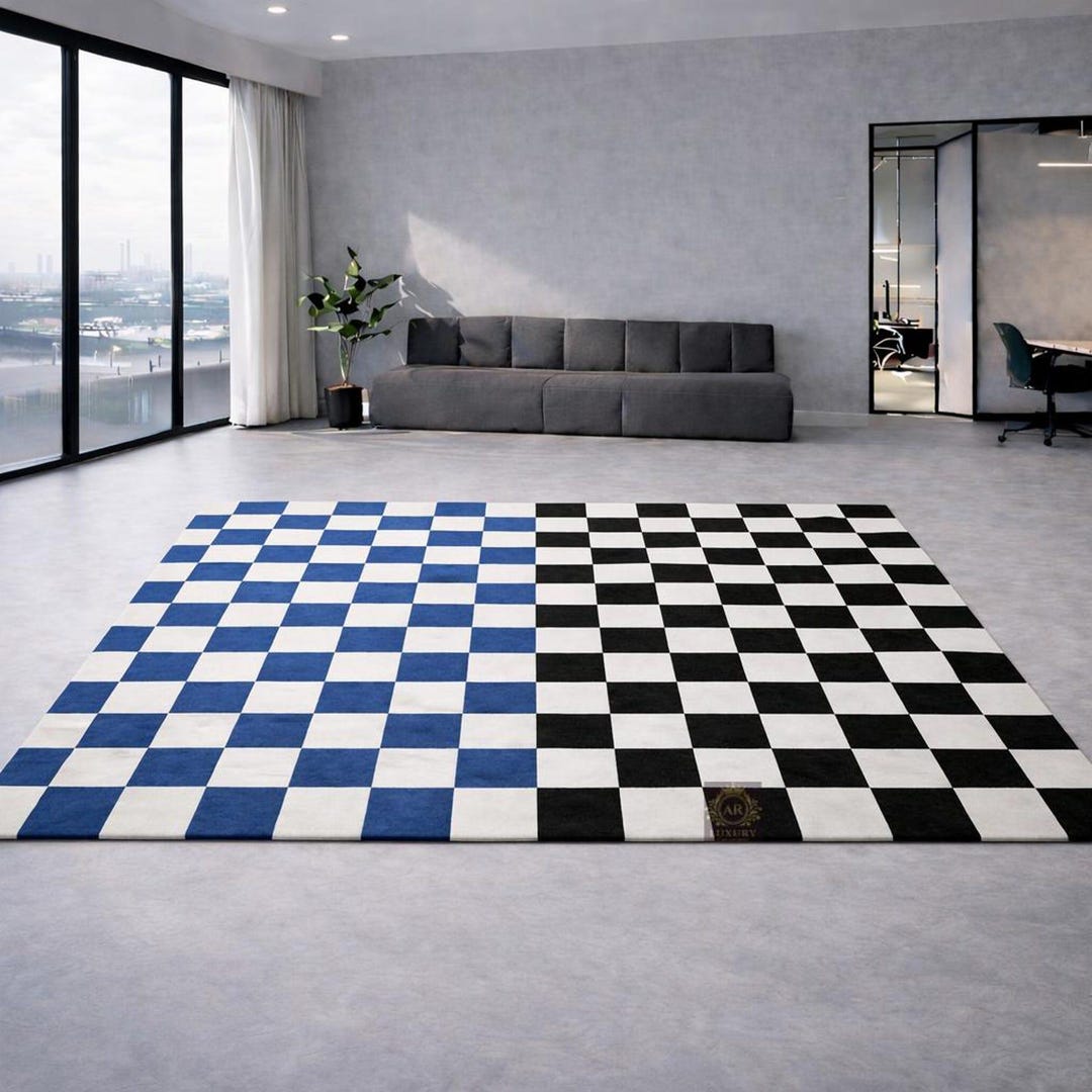 Blue Black Checkerboard Rug | Modern Geometric Area Carpet | Bold ...