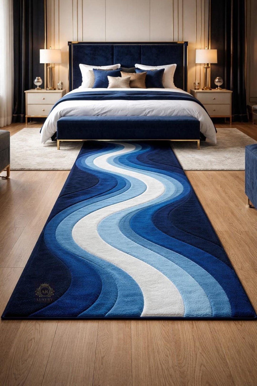 Blue Abstract Runner Rug Hand Tufted Wool Modern Hallway Carpet Long ...
