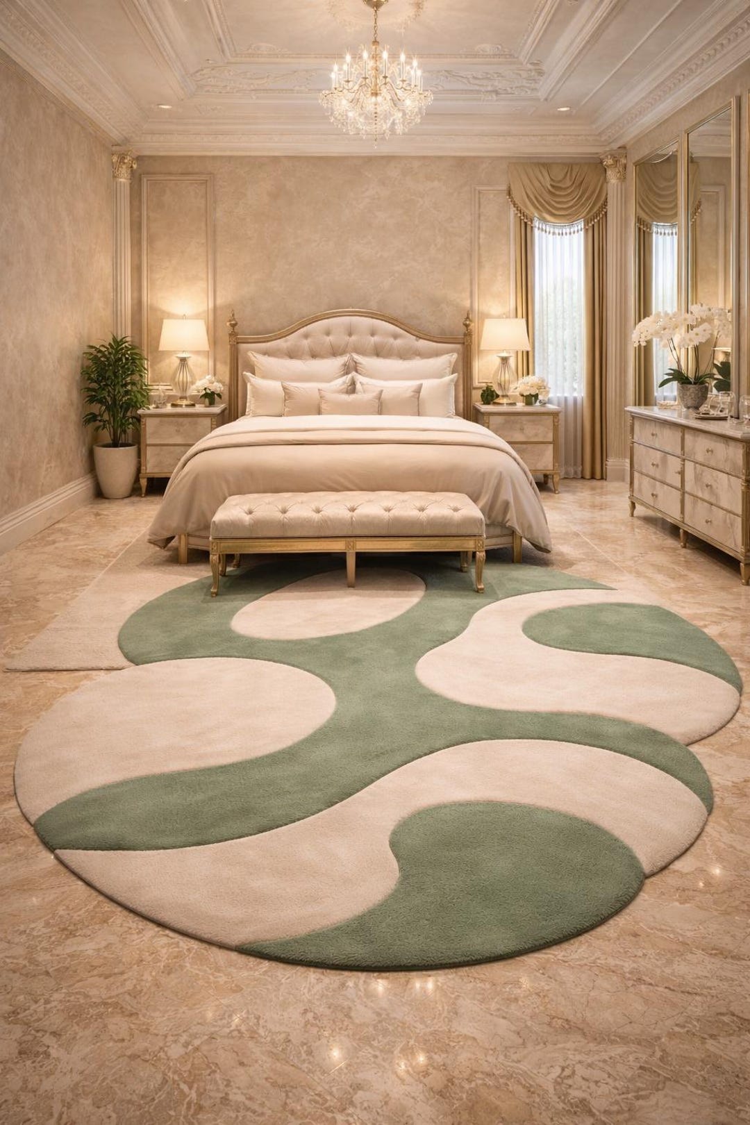 Hand Tufted Wool Round Rug Modern Green Cream Abstract Area Rug Home ...