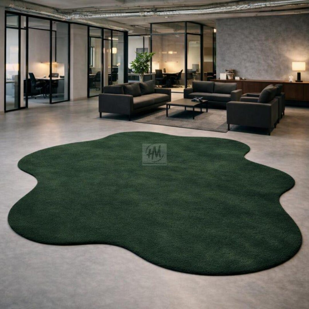Hand Tufted Wool Organic Shape Green Modern Area Rug Minimalist Living ...