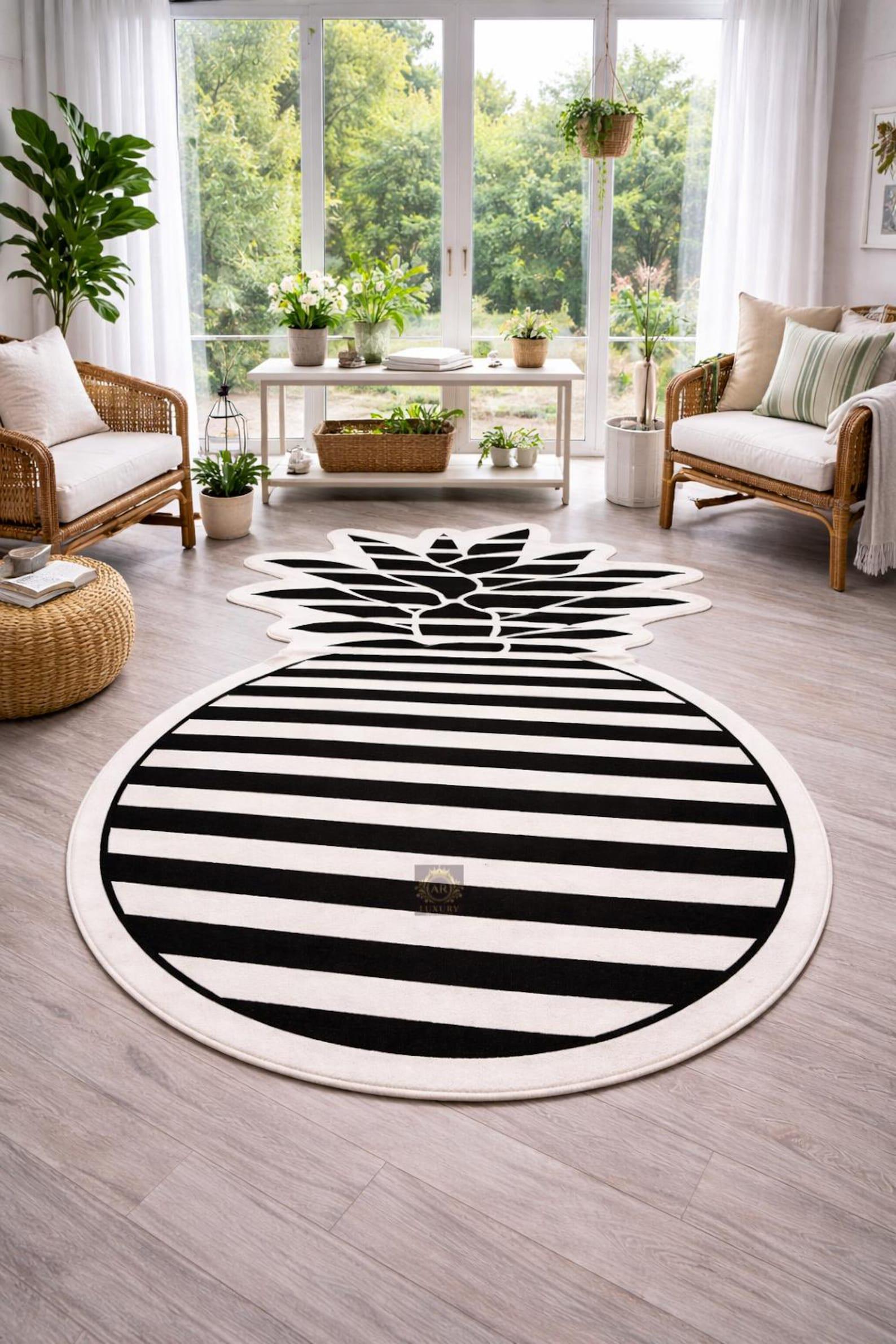 Pineapple Rug Wool Hand Tufted Wool Pineapple Rug, Black White Striped Statement Carpet - Etsy