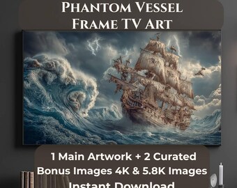 Arte para TV con marco de barco fantasma, arte para TV Samsung con marco de barco pirata fantasma, descarga digital náutica de océano tormentoso, 1+2 juegos JPG adicionales