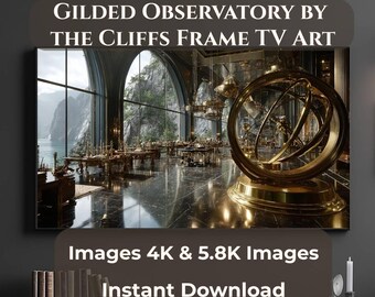 Arte para TV con marco de observatorio de lujo, arte para TV con marco de ventana de acantilado Samsung, descarga digital, interior elegante dorado, 4K 5.8K JPG