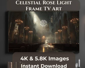 Rose Window Cathedral Frame TV Art, Gothic Church Interior with Light Beams, Stained Glass Samsung Frame TV, 2 JPG Sizes