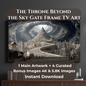 Puede incluir: Obra de arte digital titulada "The Throne Beyond The Sky Gate Frame TV Art". La imagen muestra una ciudad fantástica con edificios blancos, cúpulas doradas y una escalera sinuosa que conduce a una estructura central, sobre un cielo nublado. Incluye imágenes adicionales y descarga instantánea.