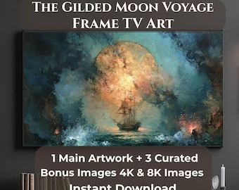 Marco de TV "Viaje a la Luna Dorada", Arte Náutico para TV Samsung, Arte de Pared Barco Iluminado por la Luna, 4 JPG 4K 8K Descarga