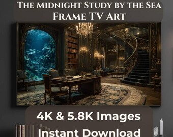 Cornice per TV con biblioteca sottomarina, arte per TV 4K in stile dark academia per sala studio, download digitale di una lussuosa biblioteca oceanica