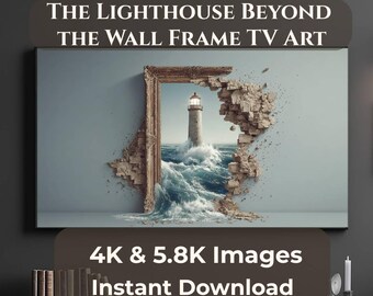 Lighthouse Frame TV Art, Coastal Ocean Wall Break Illusion, 4K Samsung TV Art Download, Nautical Seascape Digital Art, 2 JPG Files 16:9