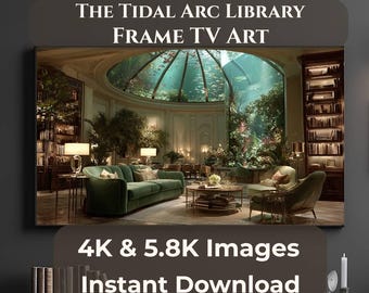 Quadro con cornice TV "The Tidal Arc Library", "Samsung Frame TV Underwater Library", "Luxury Aquarium Room Art", download in 4K e 5.8K JPG.