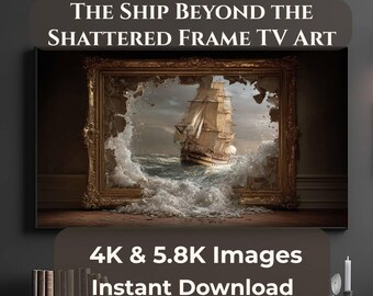 Ship Frame TV Art, Nautical Breakout TV Art, Shattered Frame Ship Digital Download, Samsung The Frame Art, Vintage Sailing Ship 4K 16:9