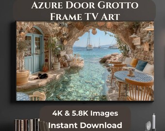 Escapada costera con gruta de puerta azul, descarga digital de Samsung The Frame, JPG 4K 5.8K, decoración de paisaje marino mediterráneo