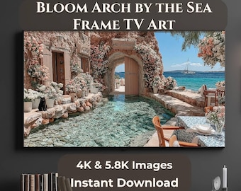 Arco de flores Paisaje costero, Samsung The Frame Descarga digital, JPG 4K 5.8K, Decoración floral mediterránea para TV