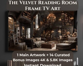 Velvet Reading Room Frame TV Art Bundle, 1 Main + 14 Curated Bonus, Cozy Library TV Art, 4K 5.8K Digital Download