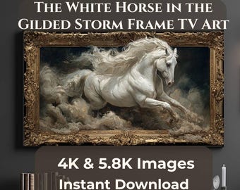 Samsung Frame TV Art White Horse Wall Art, Equestrian Digital Download, 4K + 5.8K JPG, Luxury Baroque Horse TV Art 16:9