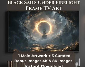 Marco de TV Black Sails Under Firelight, Arte náutico para Samsung Frame TV, Arte mural Eclipse Ship, 4 JPGs 4K 8K Descarga