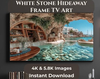 Refugio costero White Stone Hideaway, descarga digital Samsung The Frame, JPG 4K 5.8K, decoración de cueva mediterránea