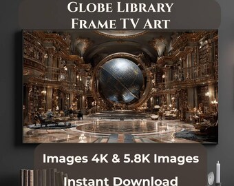 Globe Library Samsung Frame TV Art, Luxury Dark Academia Digital Download, Grand Library TV Screen Art, 4K + 5.8K JPG